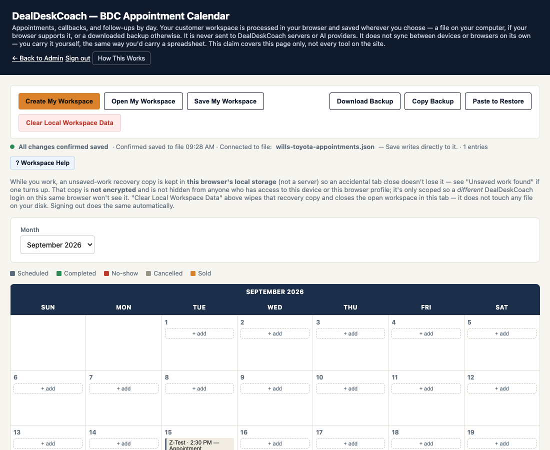 Calendar showing a saved appointment after reopening the workspace file