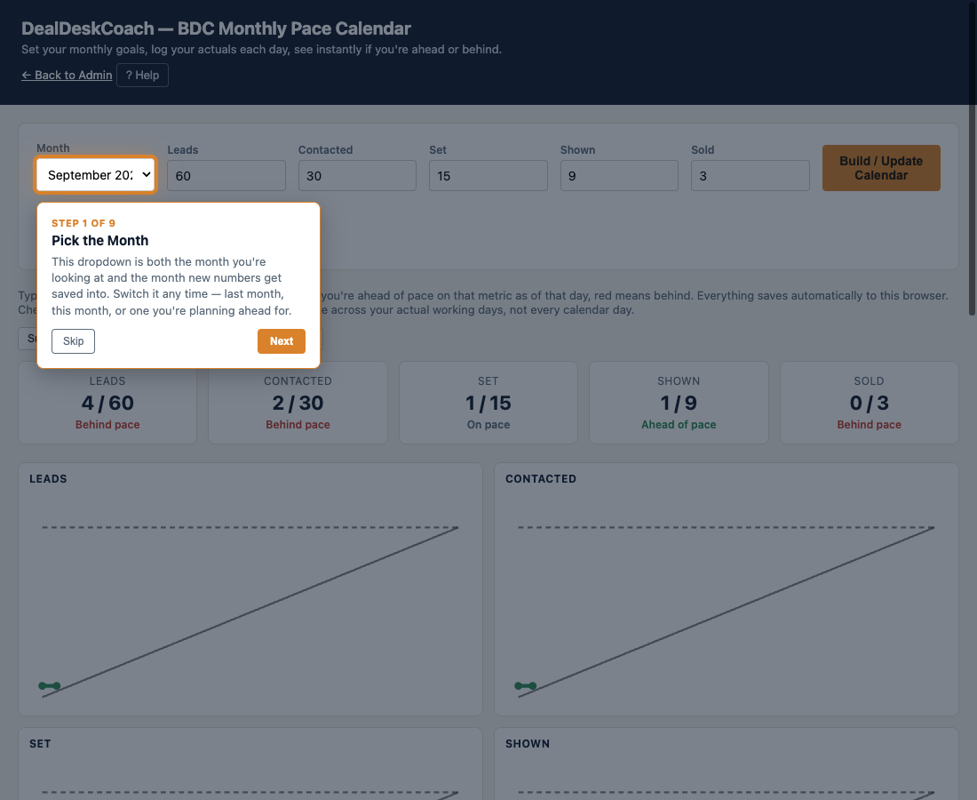 The guided help walkthrough open on the Daily Activity Calendar